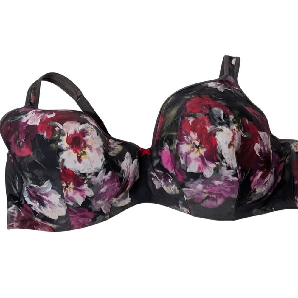 Cacique Floral Smooth Balconette Bra Womens Size 46DDD Gray Underwire Plunge